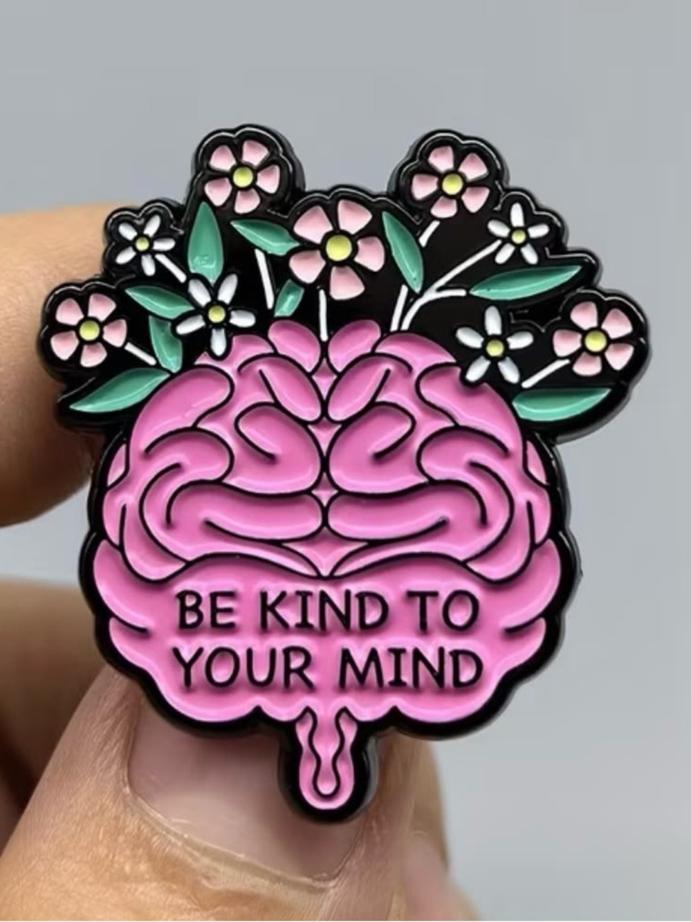 Pink Brain Floral Enamel Pin - "Be Kind To Your Mind"